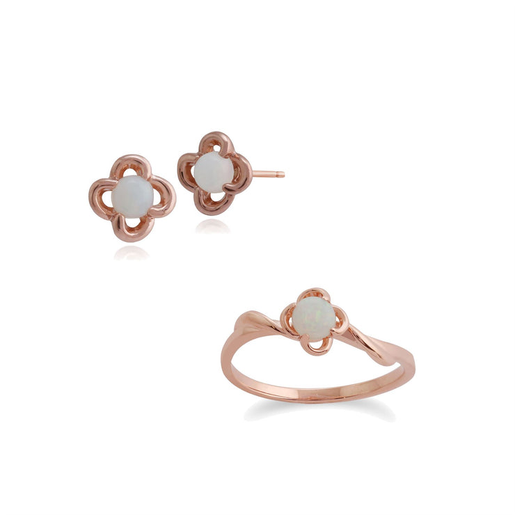 Boucles d'Oreilles Clou et Bague Floral Or Rose 375 Opale Fleur