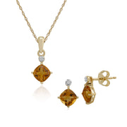 Pendentif et Boucles d'Oreilles Clou Classique Or Jaune 375 Citrine Coussin et Diamant