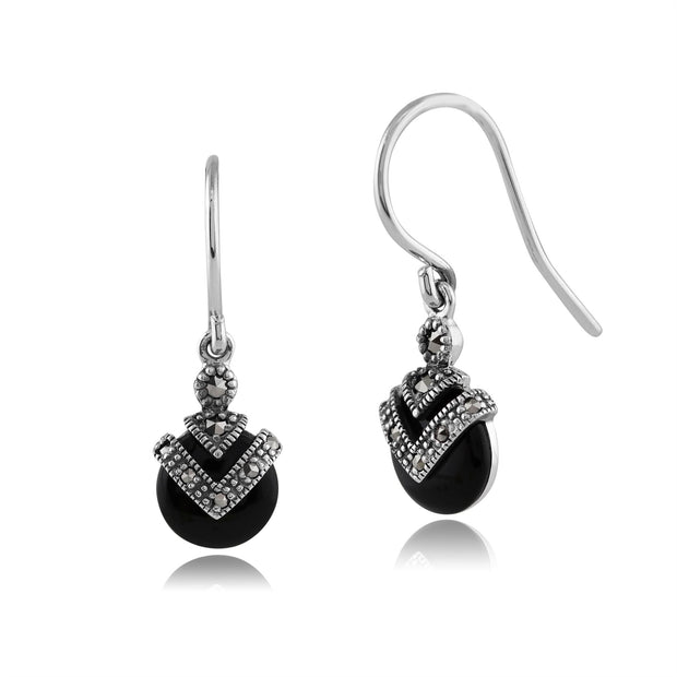 Boucles d'Oreilles Pendantes Style Art Déco Argent 925 Onyx Noir et Marcassite