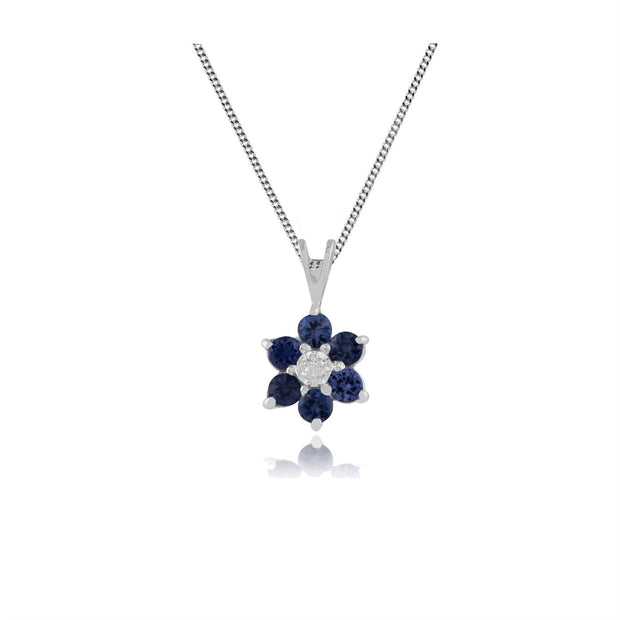 Pendentif Foral Or Blanc 375 Saphir Rond et Diamant