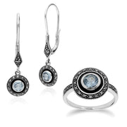 Bague et Boucles d'Oreilles Pendantes Style Art Déco Argent 925 Topaze Bleue Ronde, Marcassite et Email Noire