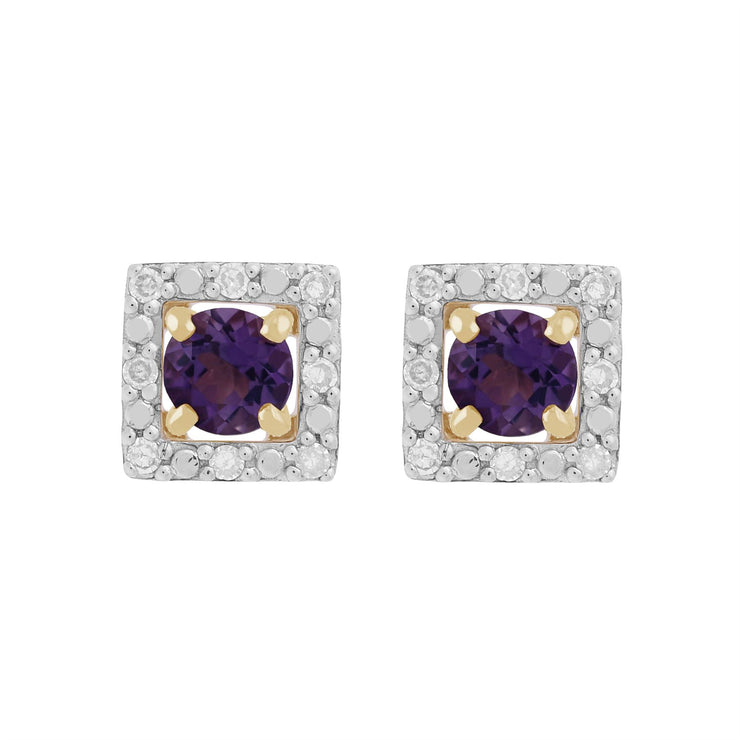 Boucles d'Oreilles Clou Améthyste Classique Or Jaune 375 et Ear-Jacket Carré Diamant