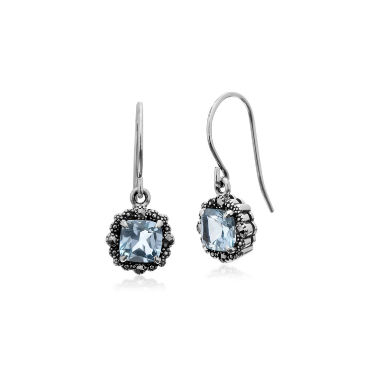 Pendentif et Boucles d'Oreilles Pendantes Style Art Déco Argent 925 Topaze Bleue Coussin et Marcassite
