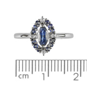 Bague Floral Or Blanc 375 Saphir Bleu Naturel et Diamant Style Cluster