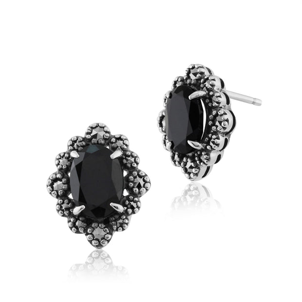 Boucles d'Oreilles Clou Style Art Déco Argent 925 Spinelle Ovale Noire et Marcassite