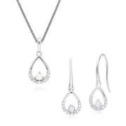 Boucles d'Oreilles Pendantes et Pendentif Porie Classique Or Blanc 375 Opale Ronde et Diamant