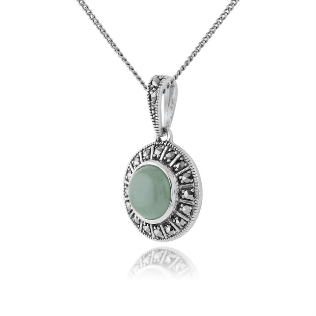 Pendentif Style Art Déco Argent 925 Jade Verte Ronde et Marcassite