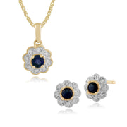 Pendentif et Boucles d'Oreilles Clou Floral Or Jaune 375 Saphir et Diamant Halo