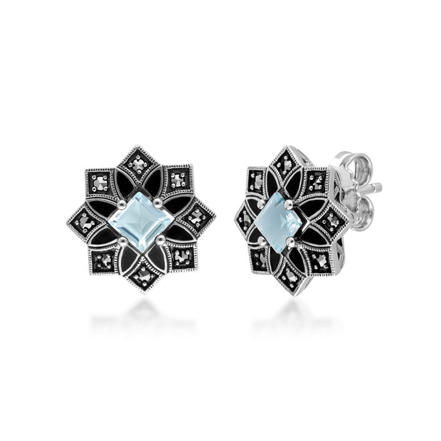 Boucles d'Oreilles Clou Etoile Style Art Déco Topaze Bleue et Marcassite