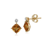 Pendentif et Boucles d'Oreilles Clou Classique Or Jaune 375 Citrine Coussin et Diamant