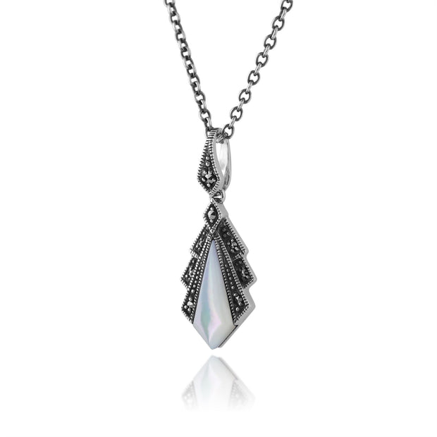 Collier et Boucles d'Oreilles Eventail Pendantes Style Art Déco Argent 925 Nacre et Marcassite
