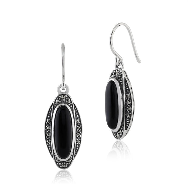 Boucles d'Oreilles Pendantes Style Art Déco Argent 925 Onyx Noir Cabochon Oval et Marcassite