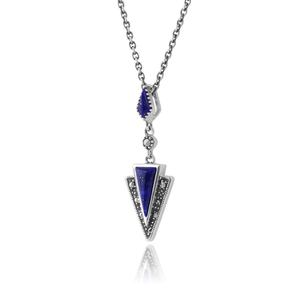 Collier et Boucles d'Oreilles Pendantes Triangle Style Art Déco Argent 925 Lapis Lazuli et Marcassite