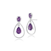 Boucles d'Oreilles Pendantes et Pendentif Classique Or Blanc 375 Améthyste Poire Halo