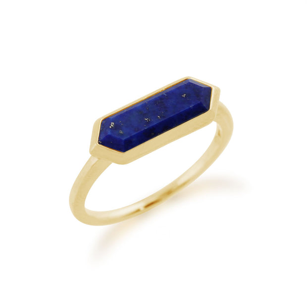 Bague Géométrique Argent Plaqué Or Lapis Lazuli Hexagonal