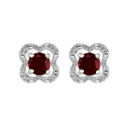 Boucles d'Oreilles Clou Grenat Classique Or Blanc 375 et Ear-Jacket Fleur Diamant