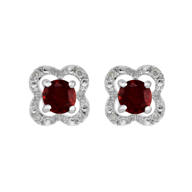 Boucles d'Oreilles Clou Grenat Classique Or Blanc 375 et Ear-Jacket Fleur Diamant
