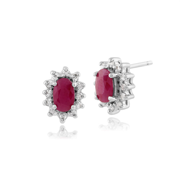 Boucles d'Oreilles Clou Classique Or Blanc 375 Rubis Oval, serti de Diamant