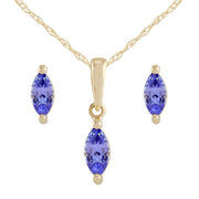 Pendentif et Boucles d'Oreilles Clou Classique Or Jaune 375 Tanzanite Marquise