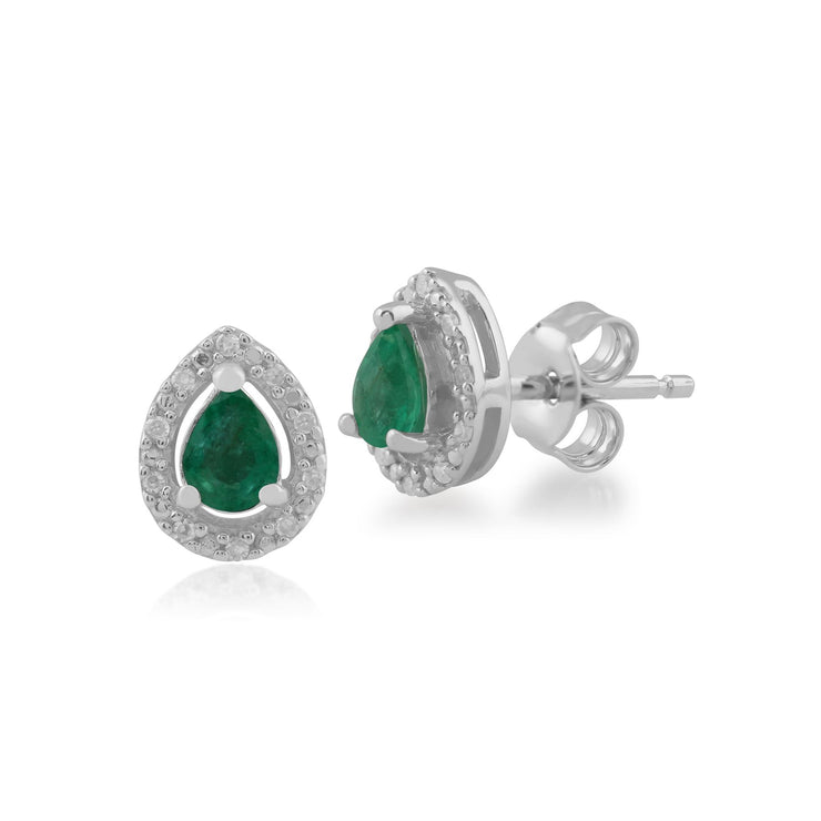 Boucles d'Oreilles Clou et Bague Classique Or Blanc 375 Emeraude Poire et Diamant Halo