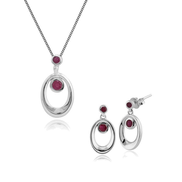 Pendentif et Boucles d'Oreilles Pendantes Classique Argent 925 Rubis Oval Halo serti Clos