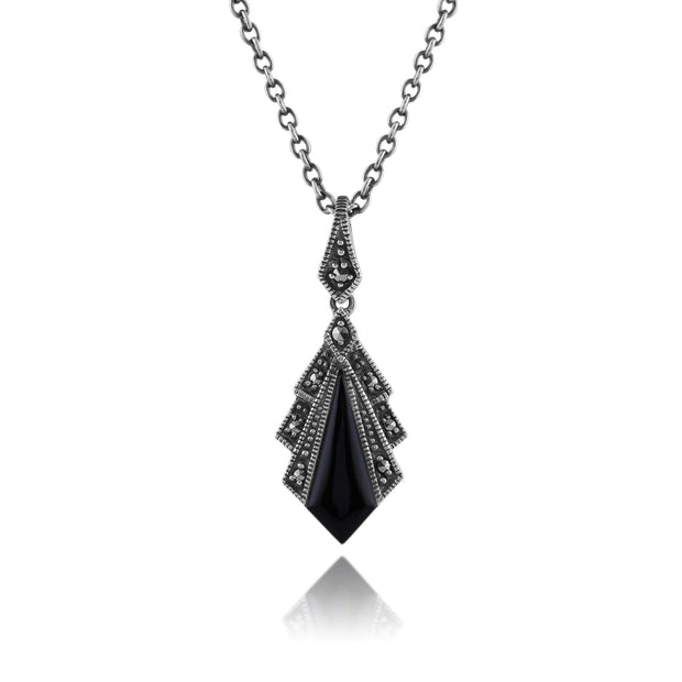 Pendentif Style Art Déco Argent 925 Onyx Noire et Marcassite