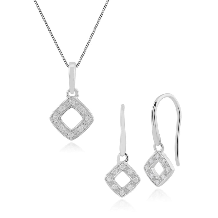 Boucles d'Oreilles Clou et Pendentif Classique Or Blanc 375 Diamant Carré Ajouré