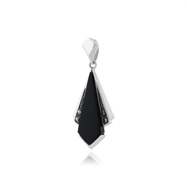 Pendentif Eventail Style Art Déco Argent 925 Onyx Noire et Marcassite