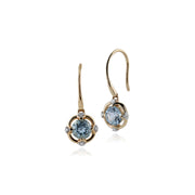 Pendentif et Boucles d'Oreilles Pendantes Or Jaune 375 Topaze Bleue et Diamant Halo