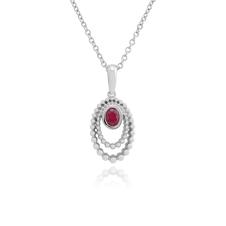 Pendentif et Bague Classique Argent 925 Rubis Rond Halo Oval serti Clos