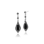 Boucles d'Oreilles Pendantes Style Art Déco Argent 925 Onyx Marquise Noire et Marcassite