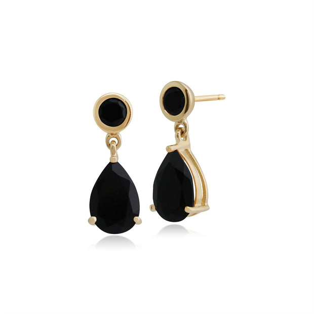 Boucles d'Oreilles Pendantes Classique Or Jaune 375 Onyx Noire Poire & Ronde