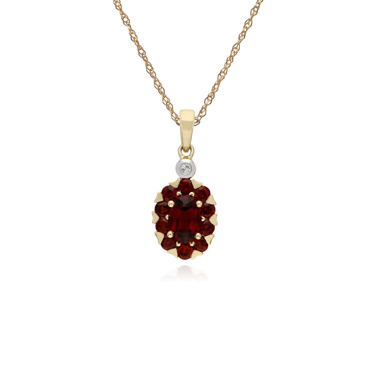 Boucles d'Oreilles Clou et Pendentif Classique Or Jaune 375 Grenat et Diamant Cluster