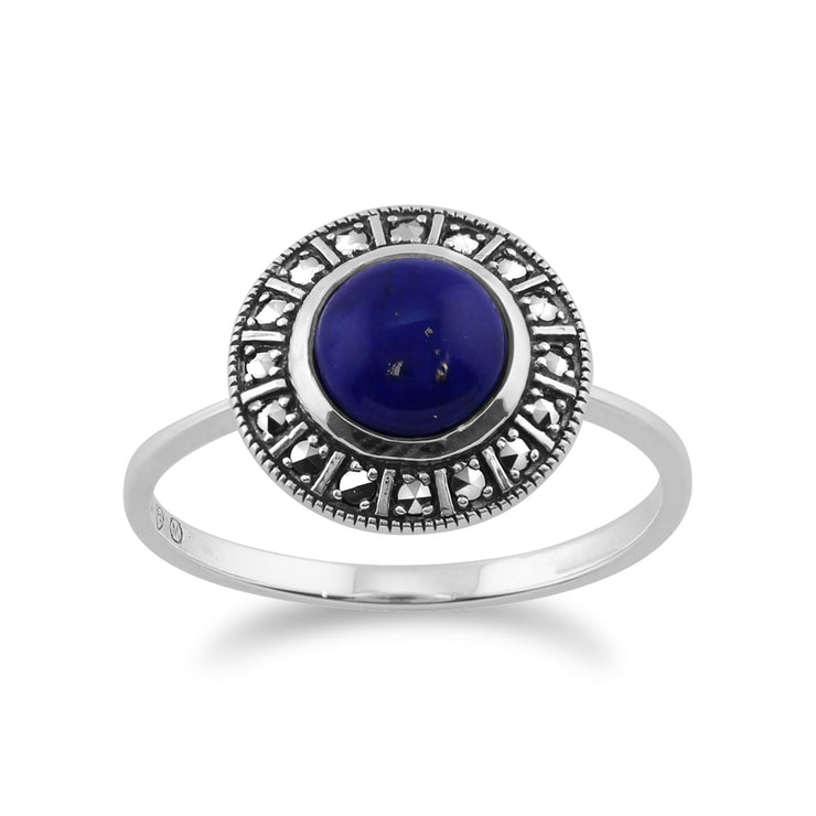 Bague et Collier Style Art Déco Argent 925 Lapis Lazuli Rond et Marcassite Halo