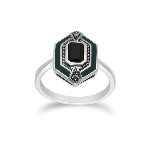 Gemondo Femmes Argent Sterling Noir Onyx , Marcassite et Email Vert Hexagone Bague - Onyx