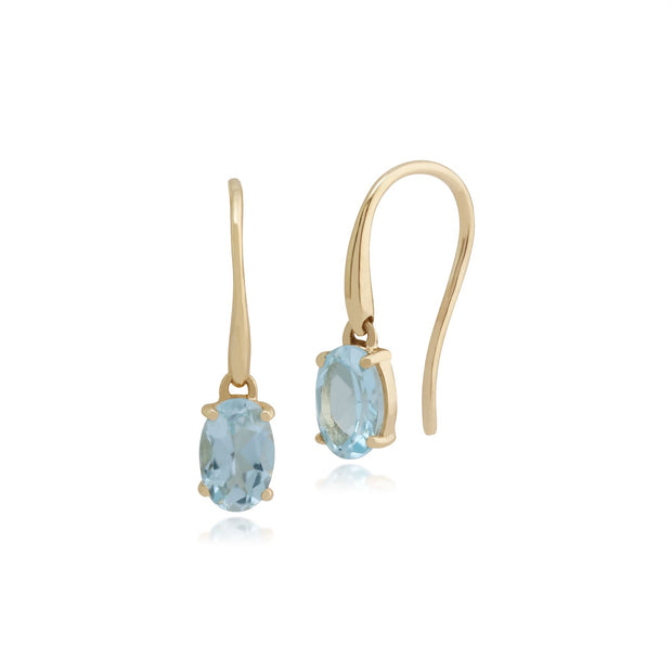 Boucles d'Oreilles Pendantes et Pendentif Classique Or Jaune 375 Aigue-Marine Ovale