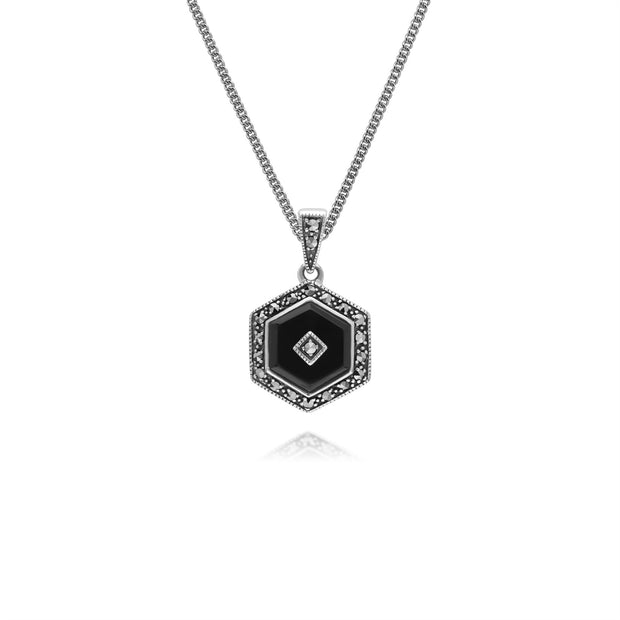 Argent Sterling Noir Onyx et Marcassite Hexagone 45cm Collier