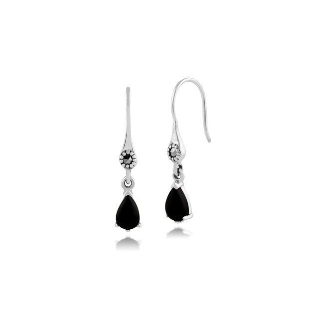 Boucles d'Oreilles Pendantes Style Art Nouveau Argent 925 Onyx Noire Poire et Marcassite