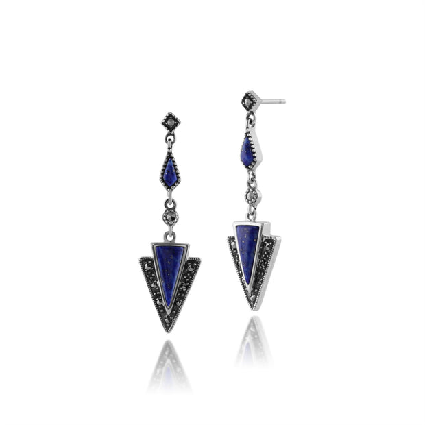 Collier et Boucles d'Oreilles Pendantes Triangle Style Art Déco Argent 925 Lapis Lazuli et Marcassite