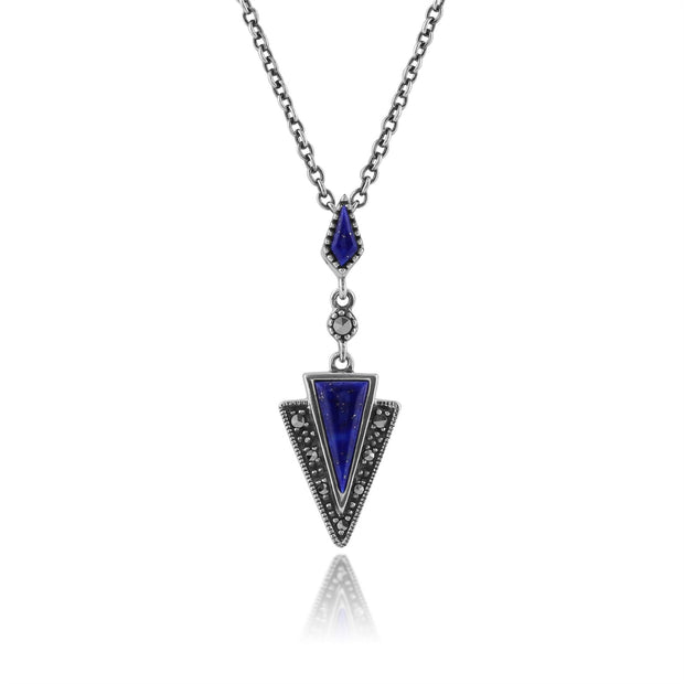 Collier et Boucles d'Oreilles Pendantes Triangle Style Art Déco Argent 925 Lapis Lazuli et Marcassite