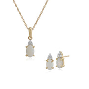 Pendentif et Boucles d'Oreilles Clou Classique Or Jaune 375 Opale Oval et Diamant