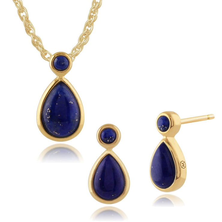 Pendentif et Boucles d'Oreilles Clou Classique Argent 925 Plaqué Or Lapis Lazuli Oval cabochon serti Clos