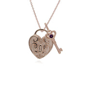 Pendentif Classique Cadenas Cœur Torsadé Argent 925 Plaqué Or Rose et Charms Clé Améthyste