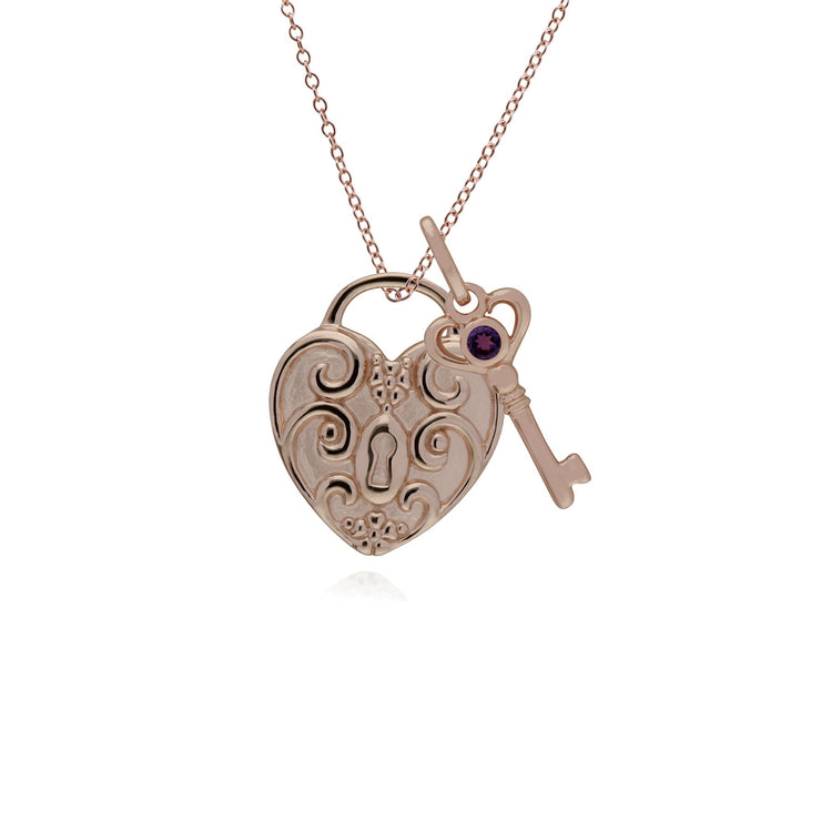 Pendentif Classique Cadenas Cœur Torsadé Argent 925 Plaqué Or Rose et Charms Clé Améthyste