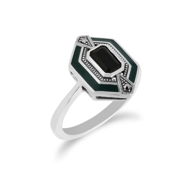 Gemondo Femmes Argent Sterling Noir Onyx , Marcassite et Email Vert Hexagone Bague - Onyx