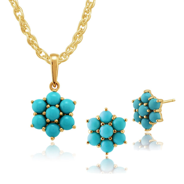 Pendentif et Boucles d'Oreilles Clou Floral Or Jaune 375 Turquoise Cabochon