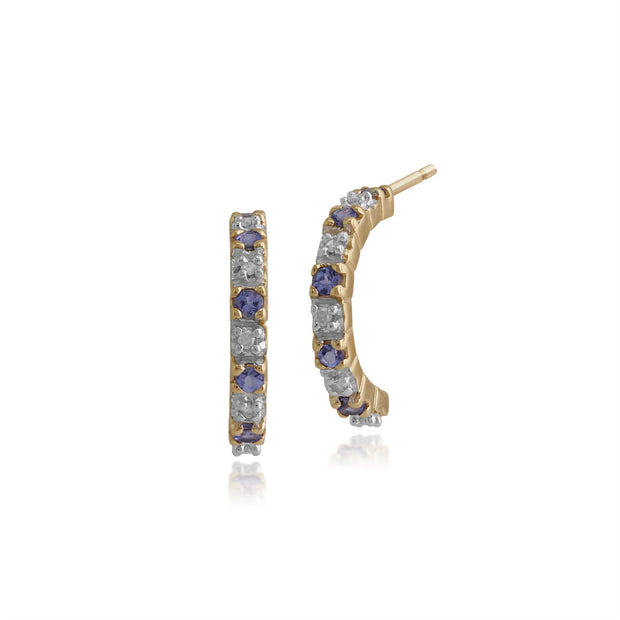 Boucles d'Oreilles Demi-Créoles et Bague Demi-Eternité Classique Or Jaune 375 Tanzanite Ronde et Diamant