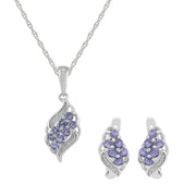 Pendentif et Boucles d'Oreilles Dormeuses Classique Argent 925 Tanzanite et Diamant Cluster