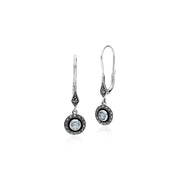 Bague et Boucles d'Oreilles Pendantes Style Art Déco Argent 925 Topaze Bleue Ronde, Marcassite et Email Noire