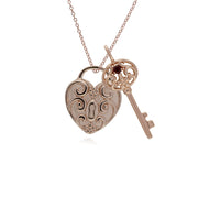 Pendentif Classique Cadenas Cœur Torsadé Argent 925 Plaqué Or Rose et Charms Grande Clé Grenat